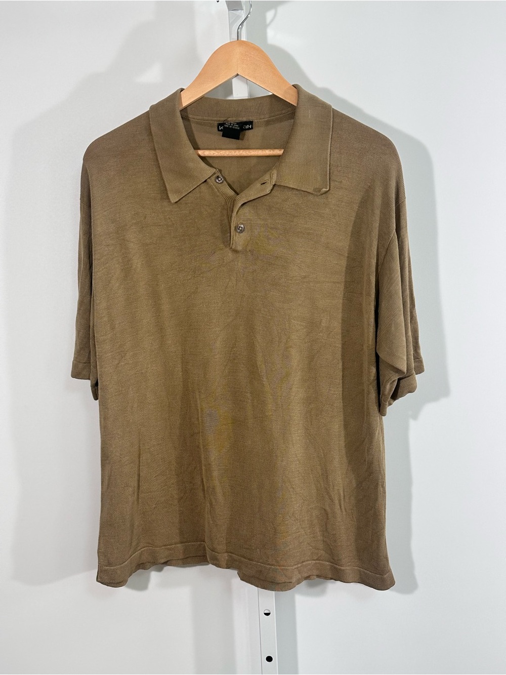 Vintage 90s Kevoman Silk Knit Polo Shirt Men’s M Olive Taupe Minimal Grandpa